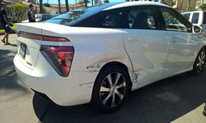 A freshly-collided-into Toyota Mirai, with no explosions to be seen.