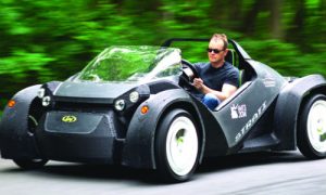 Local Motors’ 3-D printed car, Strati. It is electric and composed of just 50 parts. The complete body was printed out as a single part.